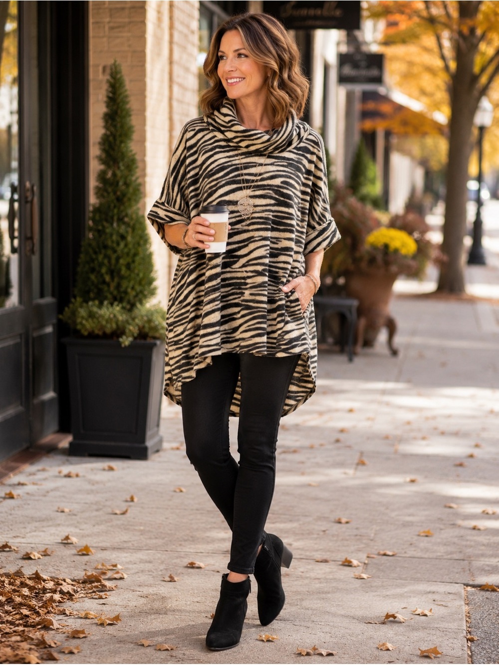 NWT Ces Femme Zebra Print Cowl Neck Poncho Sweater Womens M Oversized Tunic